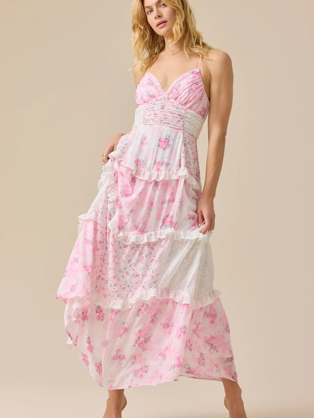 Altar'd State Pink Floral Tiered Ruffle Maxi Dress
